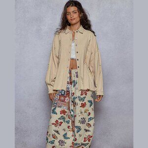 NWT POL Distressed Shacket Button Down Oversized Pink Beige Fringe Hem